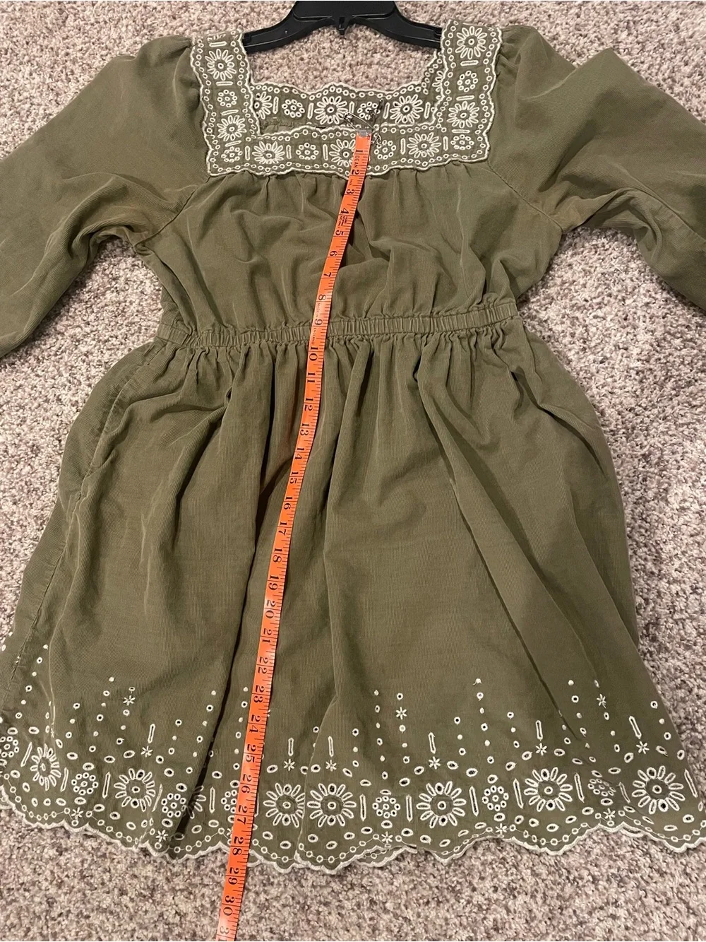 Madewell Olive Green Square-Neck Embroidered Long-Sleeve Dress
